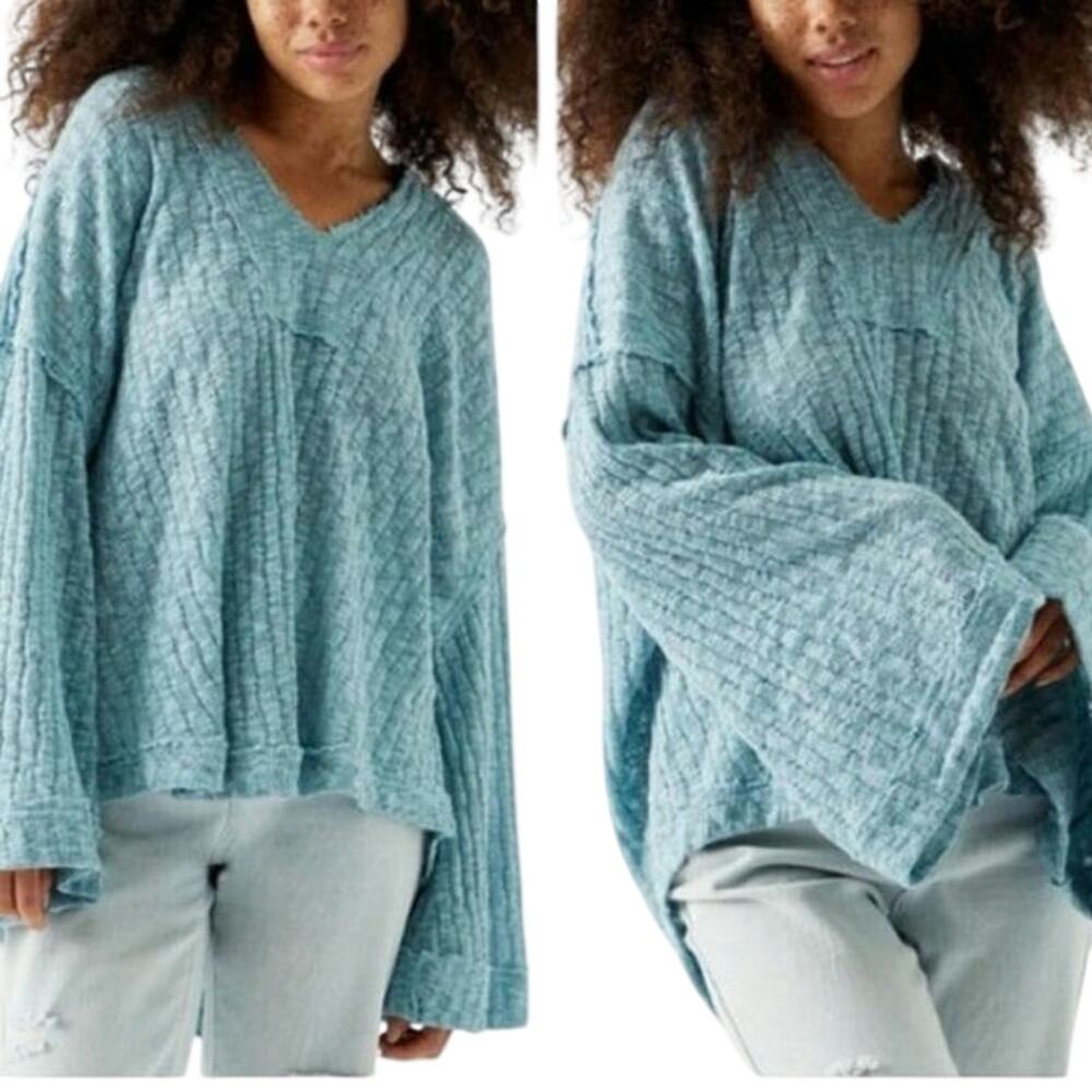 Free People Baja Babe Hacci Oversized Bell Sleeve Hooded Textured Knit Top